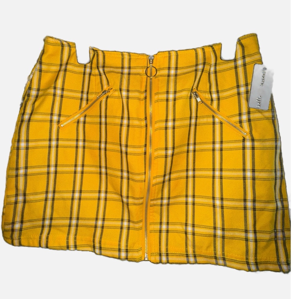 NWT-BELLE TWEED-Yellow plaid front zipper skirt with pockets size Large - Picture 2 of 6